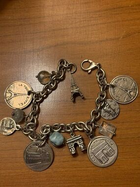 Sterling Silver Paris Charm Bracelet. Eiffel Tower, Arc de Triomphe Charms